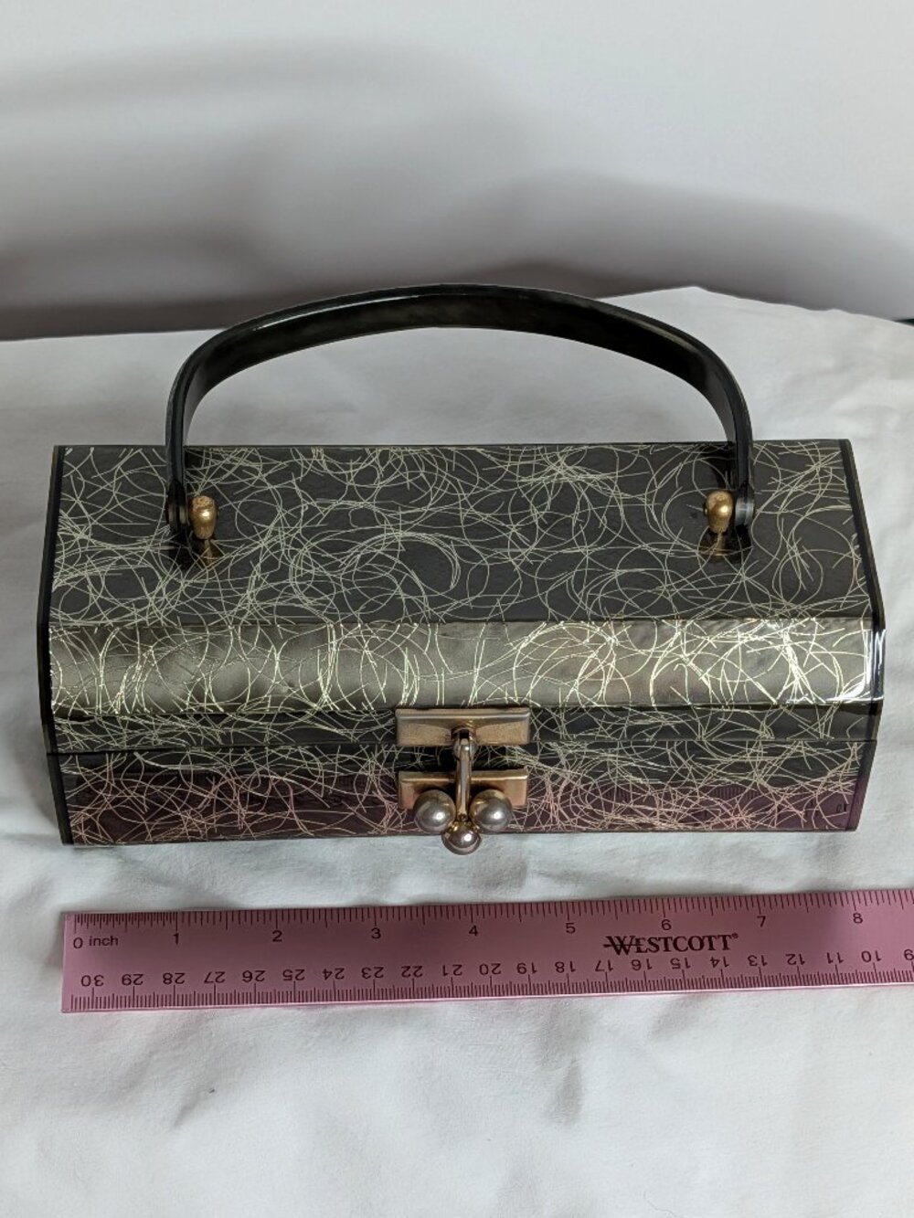 Wow PATRICIA OF MIAMI Dark Olive & Gold Streak Lucite Purse 1950s, VG Condition - Picture 3 of 8